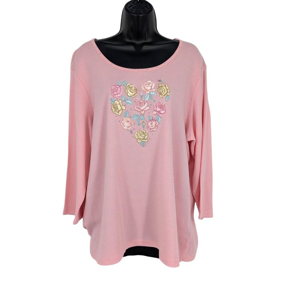 Quacker Factory Embroidered Floral Heart Rhinestone Top Cottage Romantic Size XL